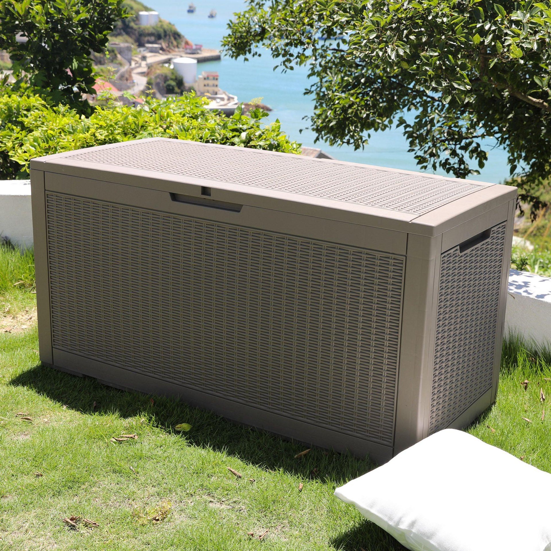 Coffre Rangement Extérieur Rotin Synthétique – Brun Crème – Résistant Aux Intempéries – Pour Jardin, Terrasse